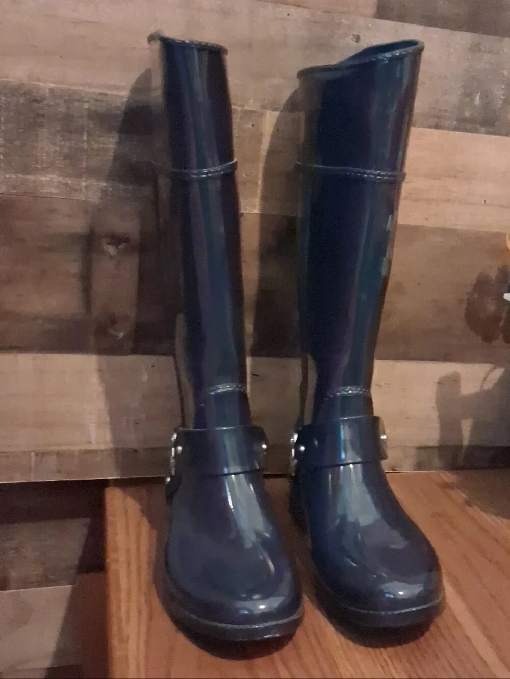 Michael Kors Fulton Harness Black Tall Rubber Rain Boots MK Silver Logo Womens 9